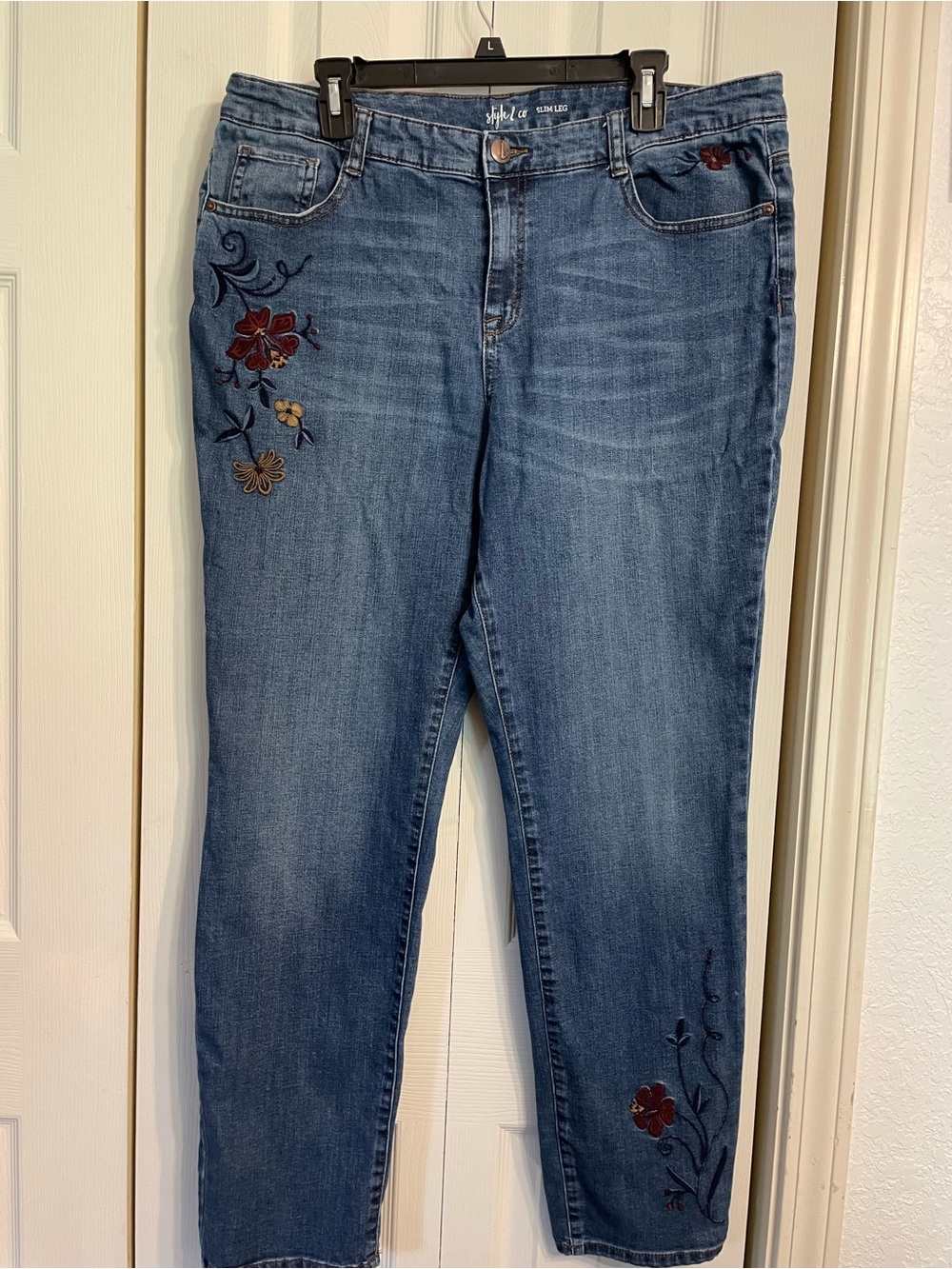 Style & Co. Blue Straight-Leg Jeans with Floral Embroidery